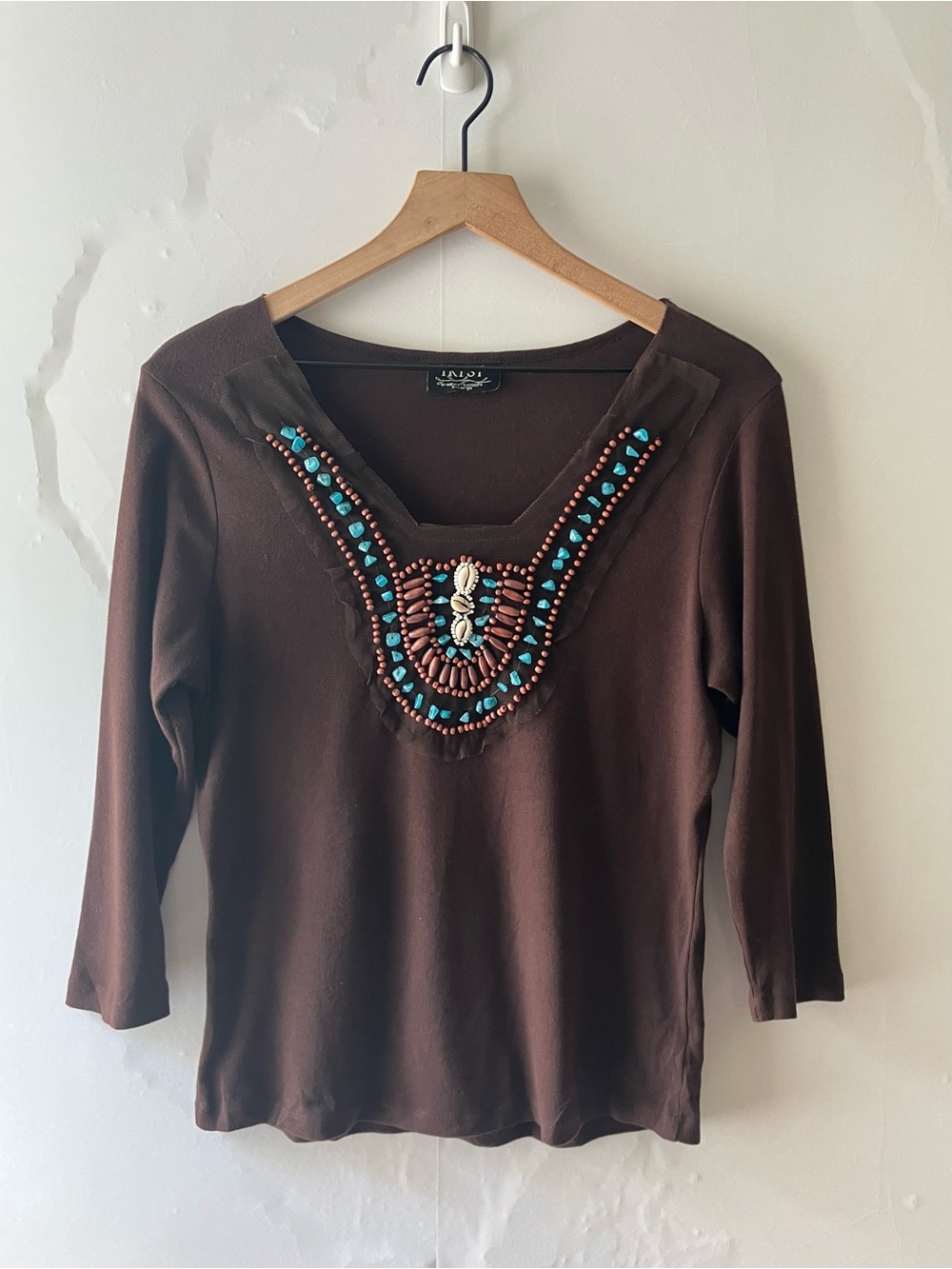 TRYST Beaded 3/4 Sleeve Fitted Top